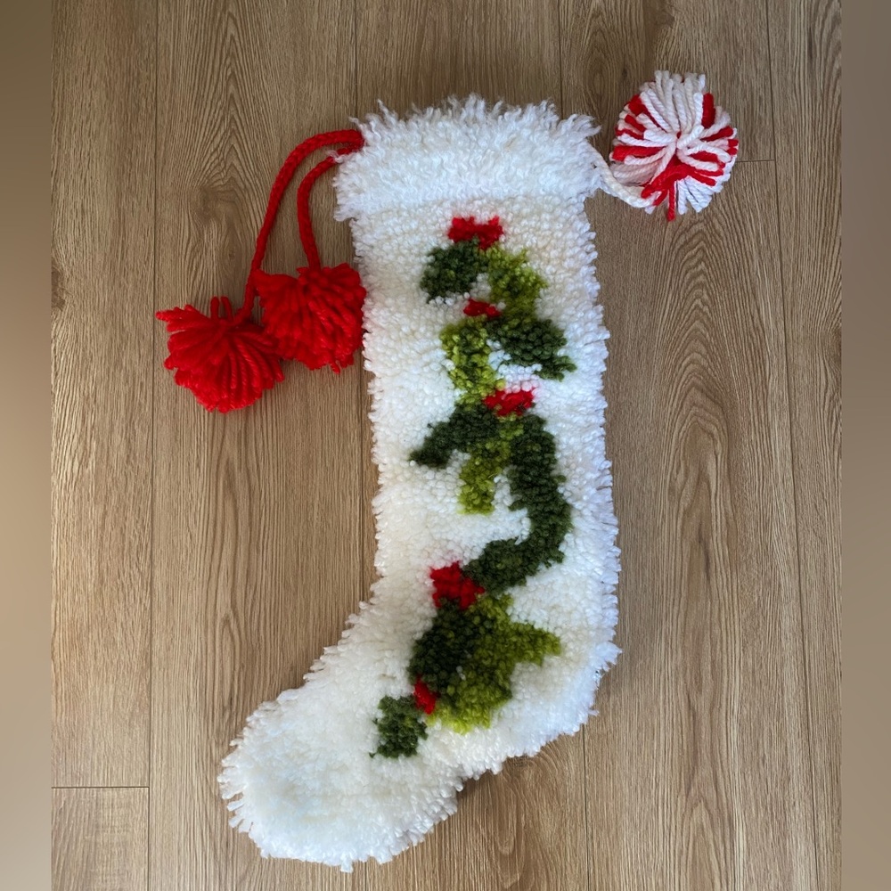 White Latch Hook Christmas Stocking With Holly & Ivy